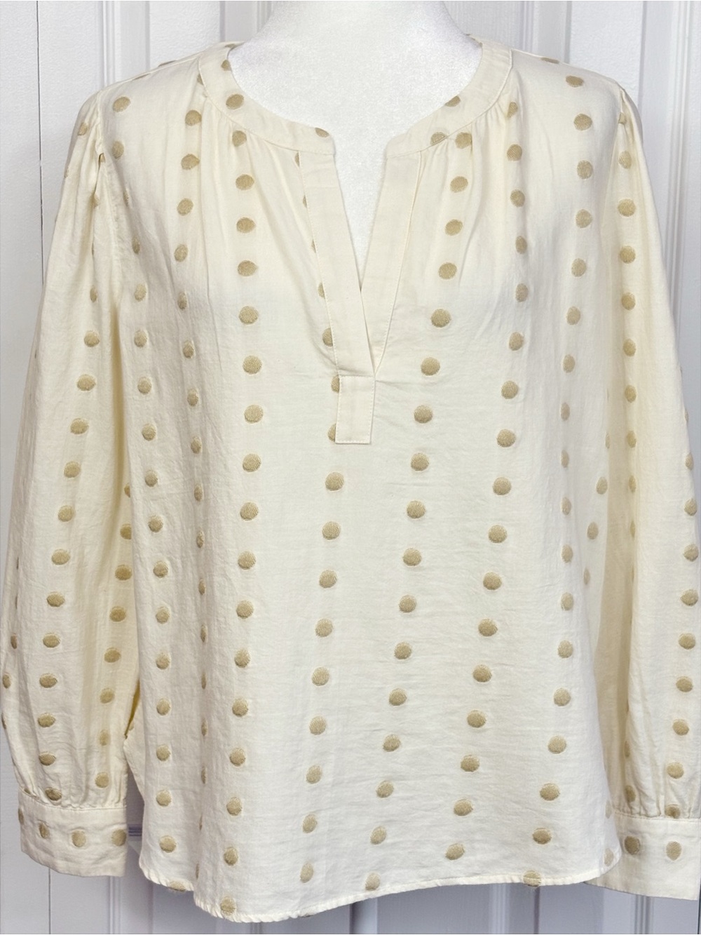 NWT Loft Ivory Cream & Tan Embroidered Polka Dot Split V-Neck Blouse LP
